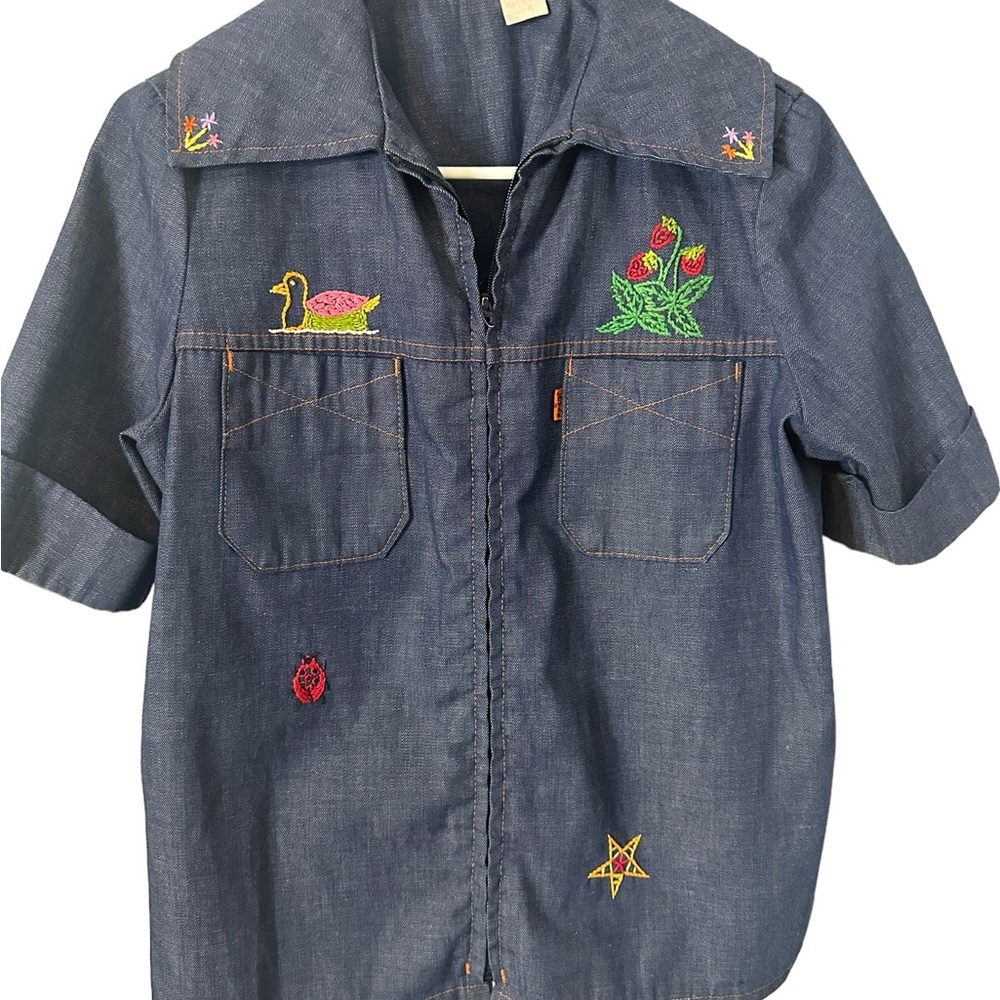 70’s VINTAGE EMBROIDERY FULL ZIP LEVI DENIM BLOUSE L